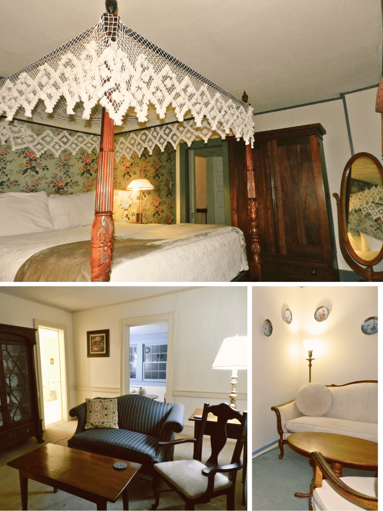 The Bernstein Suite (Room 15) at The Historic Wayside Inn 1797, featuring a queen bed with a decorative canopy and a private full bath in Middletown, VA.