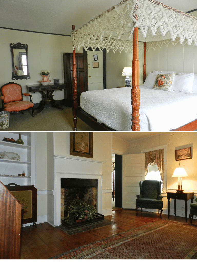 Queen bed and elegant seating area in the Rhodes Suite at The Historic Wayside Inn 1797, Middletown, VA, featuring a private full bath